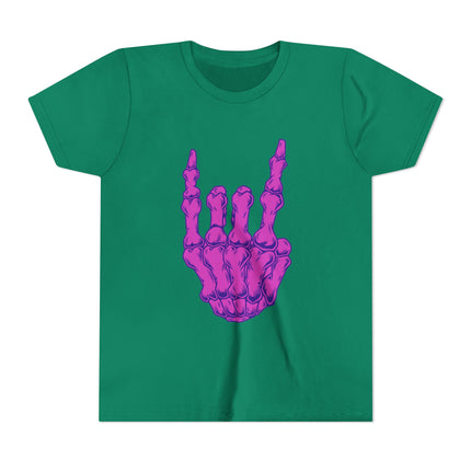 Rock On Bones Unisex Kids Tee - Fun Skeleton Hand, Casual Style, Cool Music Graphic Tee for Youth Rockers & Metal Fans – 9 Colors