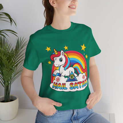 Rainbow 'Hail Satan' Unicorn T-Shirt – Cute Pastel Goth, Punk, Rocker & Alt Graphic Tee, Perfect for lovers of different