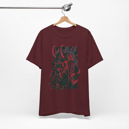Oni Demon Samurai Unisex T-Shirt – Cyberpunk Alt Streetwear, Japanese Punk Rock Mask, Unique Goth Metal Neon Tee