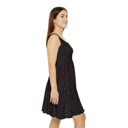 Midnight Bloom Skater Dress - Black & Red Abstract Pattern, Edgy Punk Rock Streetwear, Grunge Goth Alt Kawaii Sk8er