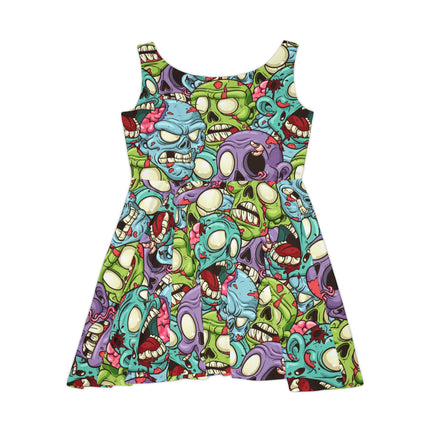 ZombieHead Skater Dress - Cute Skull Zombie Print, Punk Goth Alt Kawaii Horror, Strange Weird Pretty Outfit