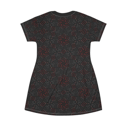 Midnight Bloom T-Shirt Dress – Cute Punk Kawaii Pattern, Black and Red Gothic Floral Print, Alt Unique Halloween Shirt Mini