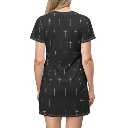 Black Cross T-Shirt Dress – A-Line Gothic Punk Horror Cute, Black and White Cross, Alt Unique Halloween Shirt Mini
