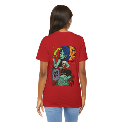 Graveyard Glamour Unisex T-Shirt – Rockabilly Gothic Pin-Up Art Tee, Dark Vintage Cemetery Girl Meets Pinup Zombie