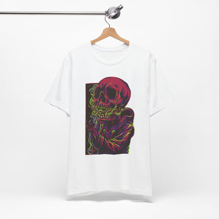 Cyberpunk Skull Unisex T-Shirt - Neon Sci-Fi Alt Skull Streetwear, Punk Rock Skeleton Graphic, Unique Goth Metal Neon Tee