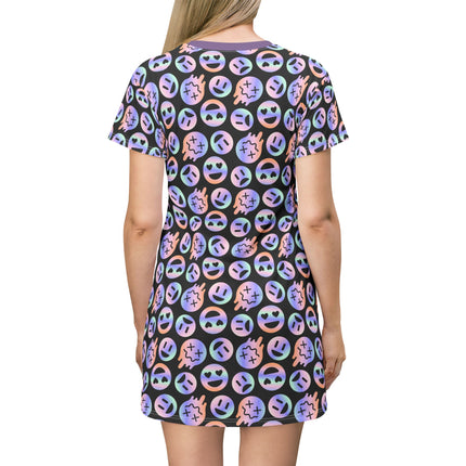 Emoji Mania T-Shirt Dress – A-Line Smiley Frowney Face, Gothic Punk Creepy CuteStreetwear, Neon Kawaii Grunge Print, Alt Edgy Outfit