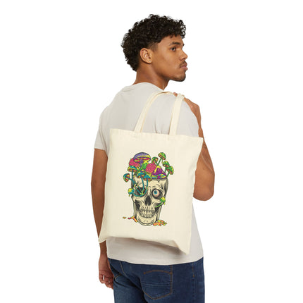 Mushroom Skull Canvas Tote Bag - Cute Gothic Punk Graphic, Kawaii Alt Aesthetic Shopper, Rocker and Metalhead friendly