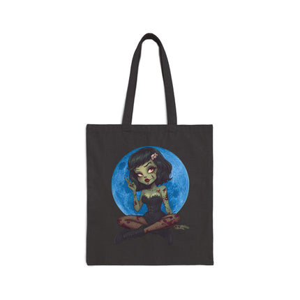 Blue Moon Zombie Girl Canvas Tote Bag - Cute Gothic Punk Graphic, Kawaii Alt Aesthetic Shopper, Rocker and Metalhead friendly