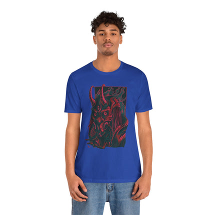 Oni Demon Samurai Unisex T-Shirt – Cyberpunk Alt Streetwear, Japanese Punk Rock Mask, Unique Goth Metal Neon Tee