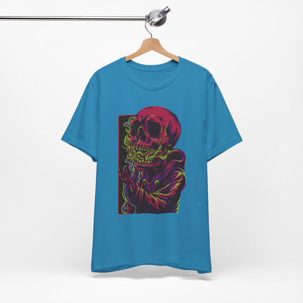 Cyberpunk Skull Unisex T-Shirt - Neon Sci-Fi Alt Skull Streetwear, Punk Rock Skeleton Graphic, Unique Goth Metal Neon Tee