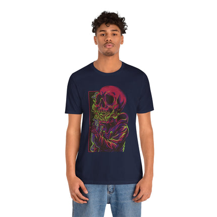 Cyberpunk Skull Unisex T-Shirt - Neon Sci-Fi Alt Skull Streetwear, Punk Rock Skeleton Graphic, Unique Goth Metal Neon Tee