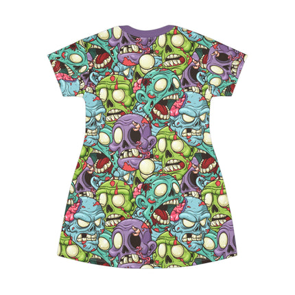 ZombieHead Shirt Dress – A-Line Gothic Punk Horror Cute, Colorful Zombie Skull Print, Alt Unique Halloween Outfit