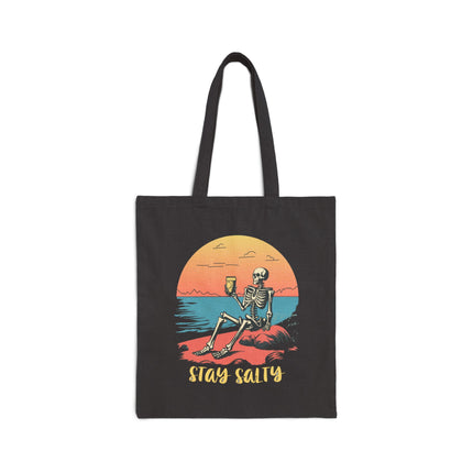 Stay Salty Canvas Tote Bag, Skeleton Relaxing on the Beach, Perfect for shopping & gifting. Sunset, funky, playful, sassy, shoulder bag.
