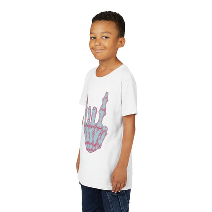 Rock On Bones Unisex Kids Tee - Fun Skeleton Hand, Casual Style, Cool Music Graphic Tee for Youth Rockers & Metal Fans – 9 Colors
