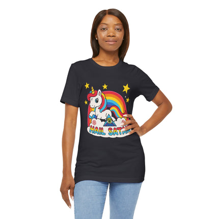 Rainbow 'Hail Satan' Unicorn T-Shirt – Cute Pastel Goth, Punk, Rocker & Alt Graphic Tee, Perfect for lovers of different