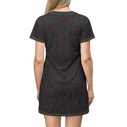 Midnight Bloom T-Shirt Dress – Cute Punk Kawaii Pattern, Black and Red Gothic Floral Print, Alt Unique Halloween Shirt Mini