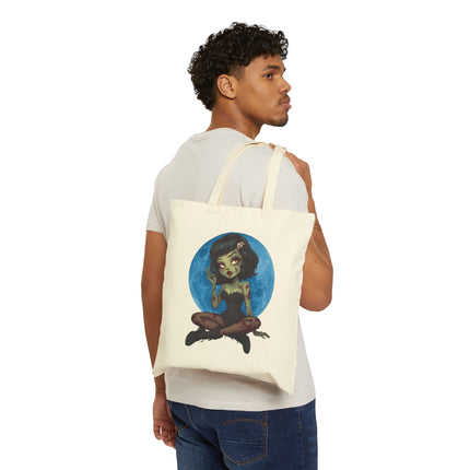 Blue Moon Zombie Girl Canvas Tote Bag - Cute Gothic Punk Graphic, Kawaii Alt Aesthetic Shopper, Rocker and Metalhead friendly