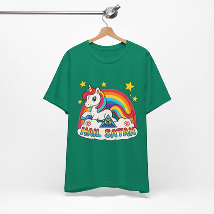 Rainbow 'Hail Satan' Unicorn T-Shirt – Cute Pastel Goth, Punk, Rocker & Alt Graphic Tee, Perfect for lovers of different
