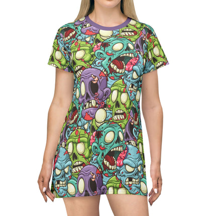 ZombieHead Shirt Dress – A-Line Gothic Punk Horror Cute, Colorful Zombie Skull Print, Alt Unique Halloween Outfit