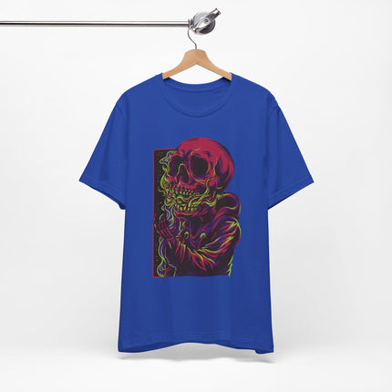 Cyberpunk Skull Unisex T-Shirt - Neon Sci-Fi Alt Skull Streetwear, Punk Rock Skeleton Graphic, Unique Goth Metal Neon Tee