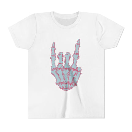 Rock On Bones Unisex Kids Tee - Fun Skeleton Hand, Casual Style, Cool Music Graphic Tee for Youth Rockers & Metal Fans – 9 Colors