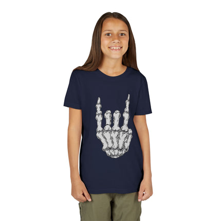 Rock On Bones Unisex Kids Tee - Fun Skeleton Hand, Casual Style, Cool Music Graphic Tee for Youth Rockers & Metal Fans – 9 Colors