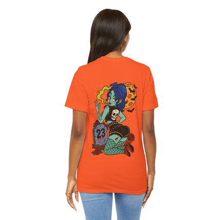 Graveyard Glamour Unisex T-Shirt – Rockabilly Gothic Pin-Up Art Tee, Dark Vintage Cemetery Girl Meets Pinup Zombie
