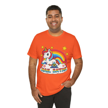 Rainbow 'Hail Satan' Unicorn T-Shirt – Cute Pastel Goth, Punk, Rocker & Alt Graphic Tee, Perfect for lovers of different