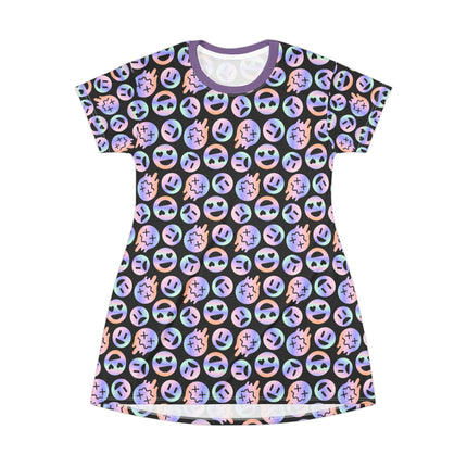 Emoji Mania T-Shirt Dress – A-Line Smiley Frowney Face, Gothic Punk Creepy CuteStreetwear, Neon Kawaii Grunge Print, Alt Edgy Outfit