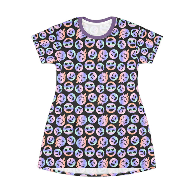 Emoji Mania T-Shirt Dress – A-Line Smiley Frowney Face, Gothic Punk Creepy CuteStreetwear, Neon Kawaii Grunge Print, Alt Edgy Outfit