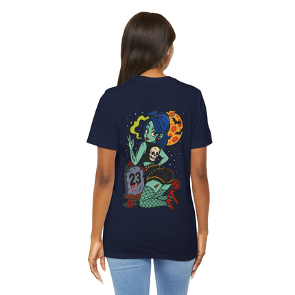 Graveyard Glamour Unisex T-Shirt – Rockabilly Gothic Pin-Up Art Tee, Dark Vintage Cemetery Girl Meets Pinup Zombie