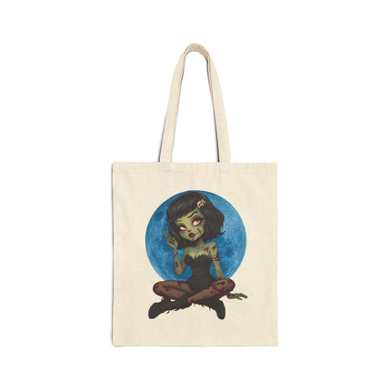 Blue Moon Zombie Girl Canvas Tote Bag - Cute Gothic Punk Graphic, Kawaii Alt Aesthetic Shopper, Rocker and Metalhead friendly