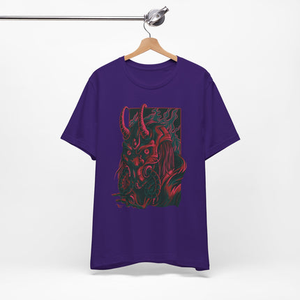 Oni Demon Samurai Unisex T-Shirt – Cyberpunk Alt Streetwear, Japanese Punk Rock Mask, Unique Goth Metal Neon Tee