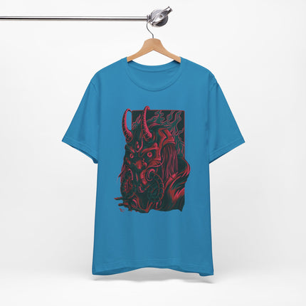 Oni Demon Samurai Unisex T-Shirt – Cyberpunk Alt Streetwear, Japanese Punk Rock Mask, Unique Goth Metal Neon Tee