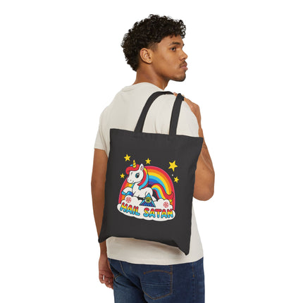 Hail Satan Rainbow Unicorn Tote Bag – Cute Pastel Goth, Kawaii, Punk & Alt Aesthetic Shopper, Rocker & Metalhead friendly