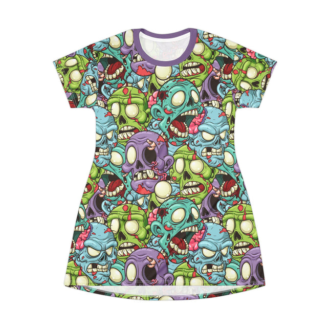ZombieHead Shirt Dress – A-Line Gothic Punk Horror Cute, Colorful Zombie Skull Print, Alt Unique Halloween Outfit