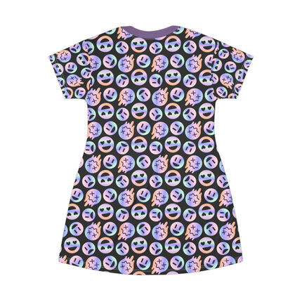 Emoji Mania T-Shirt Dress – A-Line Smiley Frowney Face, Gothic Punk Creepy CuteStreetwear, Neon Kawaii Grunge Print, Alt Edgy Outfit