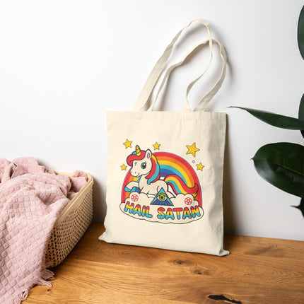Hail Satan Rainbow Unicorn Tote Bag – Cute Pastel Goth, Kawaii, Punk & Alt Aesthetic Shopper, Rocker & Metalhead friendly
