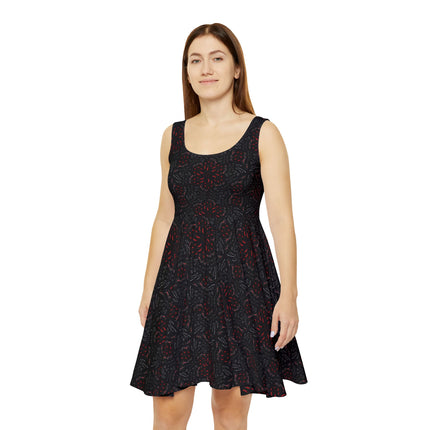 Midnight Bloom Skater Dress - Black & Red Abstract Pattern, Edgy Punk Rock Streetwear, Grunge Goth Alt Kawaii Sk8er