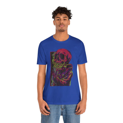 Cyberpunk Skull Unisex T-Shirt - Neon Sci-Fi Alt Skull Streetwear, Punk Rock Skeleton Graphic, Unique Goth Metal Neon Tee