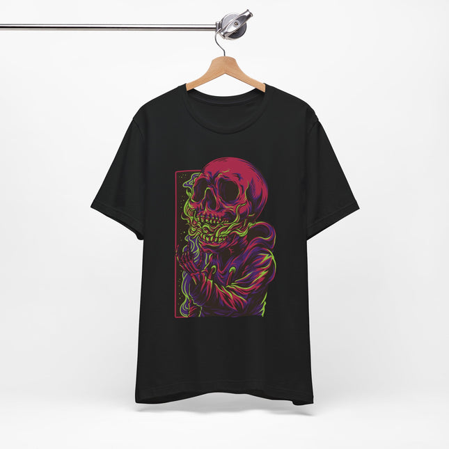 Cyberpunk Skull Unisex T-Shirt - Neon Sci-Fi Alt Skull Streetwear, Punk Rock Skeleton Graphic, Unique Goth Metal Neon Tee