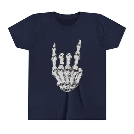 Rock On Bones Unisex Kids Tee - Fun Skeleton Hand, Casual Style, Cool Music Graphic Tee for Youth Rockers & Metal Fans – 9 Colors