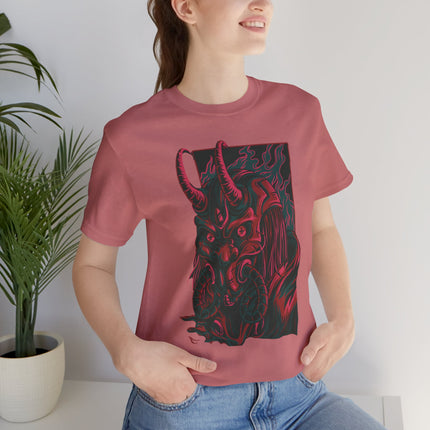 Oni Demon Samurai Unisex T-Shirt – Cyberpunk Alt Streetwear, Japanese Punk Rock Mask, Unique Goth Metal Neon Tee