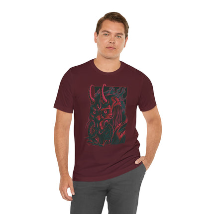 Oni Demon Samurai Unisex T-Shirt – Cyberpunk Alt Streetwear, Japanese Punk Rock Mask, Unique Goth Metal Neon Tee