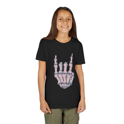 Rock On Bones Unisex Kids Tee - Fun Skeleton Hand, Casual Style, Cool Music Graphic Tee for Youth Rockers & Metal Fans – 9 Colors