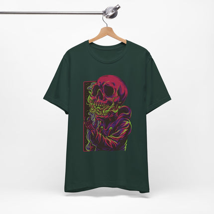 Cyberpunk Skull Unisex T-Shirt - Neon Sci-Fi Alt Skull Streetwear, Punk Rock Skeleton Graphic, Unique Goth Metal Neon Tee