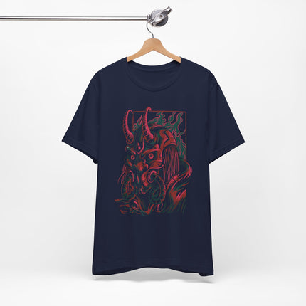 Oni Demon Samurai Unisex T-Shirt – Cyberpunk Alt Streetwear, Japanese Punk Rock Mask, Unique Goth Metal Neon Tee