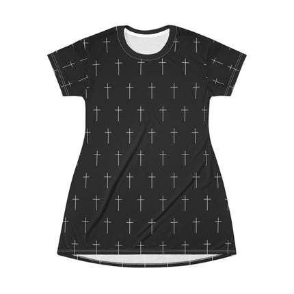 Black Cross T-Shirt Dress – A-Line Gothic Punk Horror Cute, Black and White Cross, Alt Unique Halloween Shirt Mini