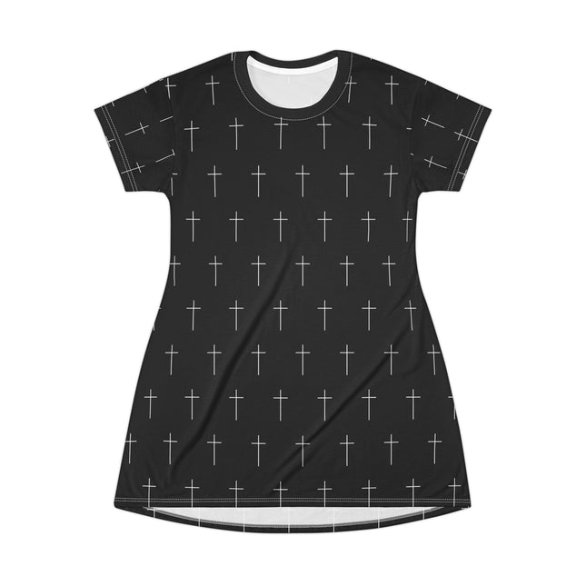 Black Cross T-Shirt Dress – A-Line Gothic Punk Horror Cute, Black and White Cross, Alt Unique Halloween Shirt Mini