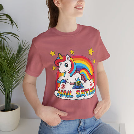 Rainbow 'Hail Satan' Unicorn T-Shirt – Cute Pastel Goth, Punk, Rocker & Alt Graphic Tee, Perfect for lovers of different